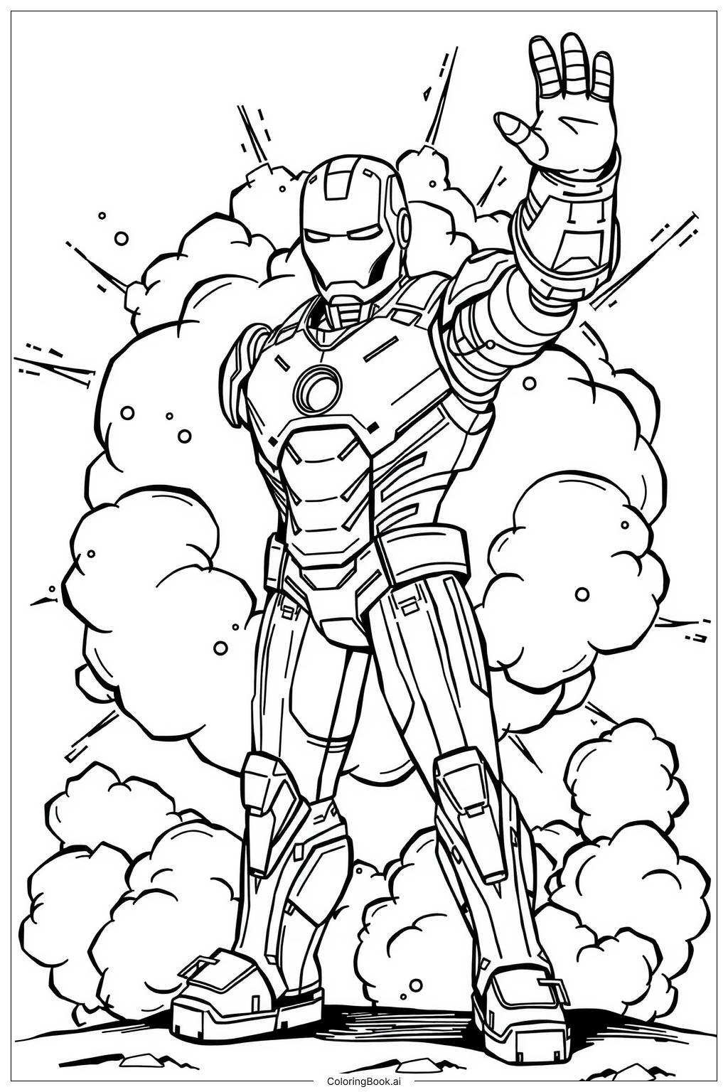  Page de coloriage Iron Man Mark 85 avec des explosions 