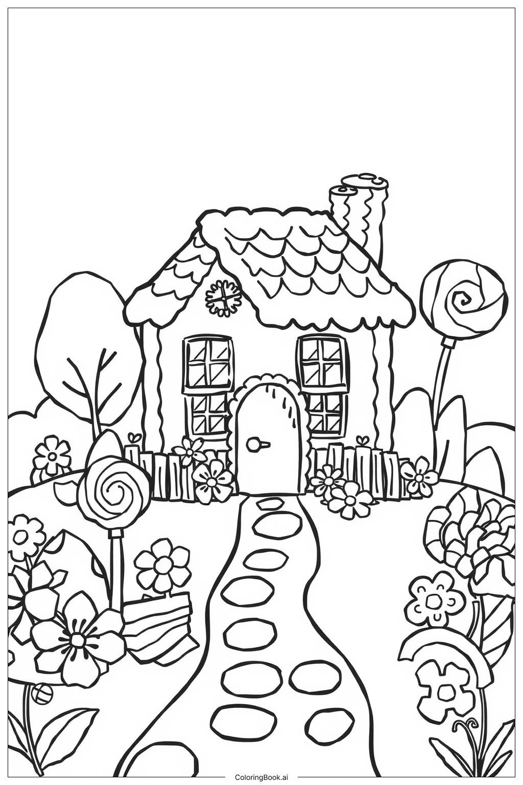  Magical Gingerbread House with Garden Coloring Page 