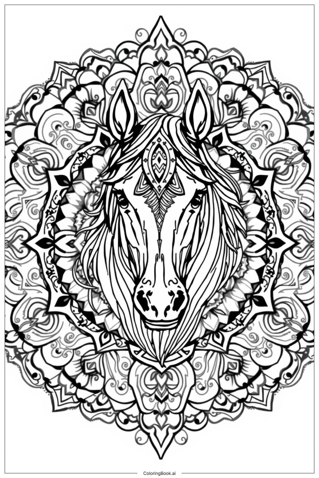  Page de coloriage Design de Mandala en Tête de Cheval 