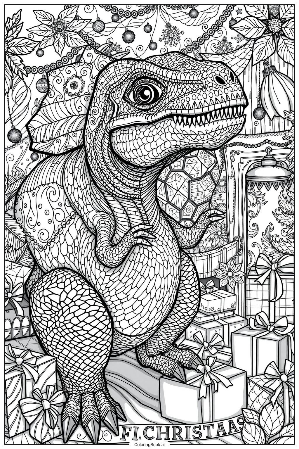  Dinosaur Christmas Party Coloring Page 