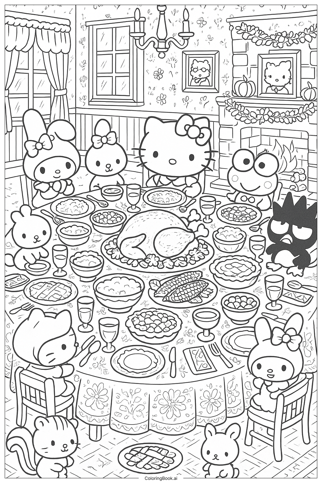  Hello Kitty Thanksgiving Großes Familienessen Ausmalseite 