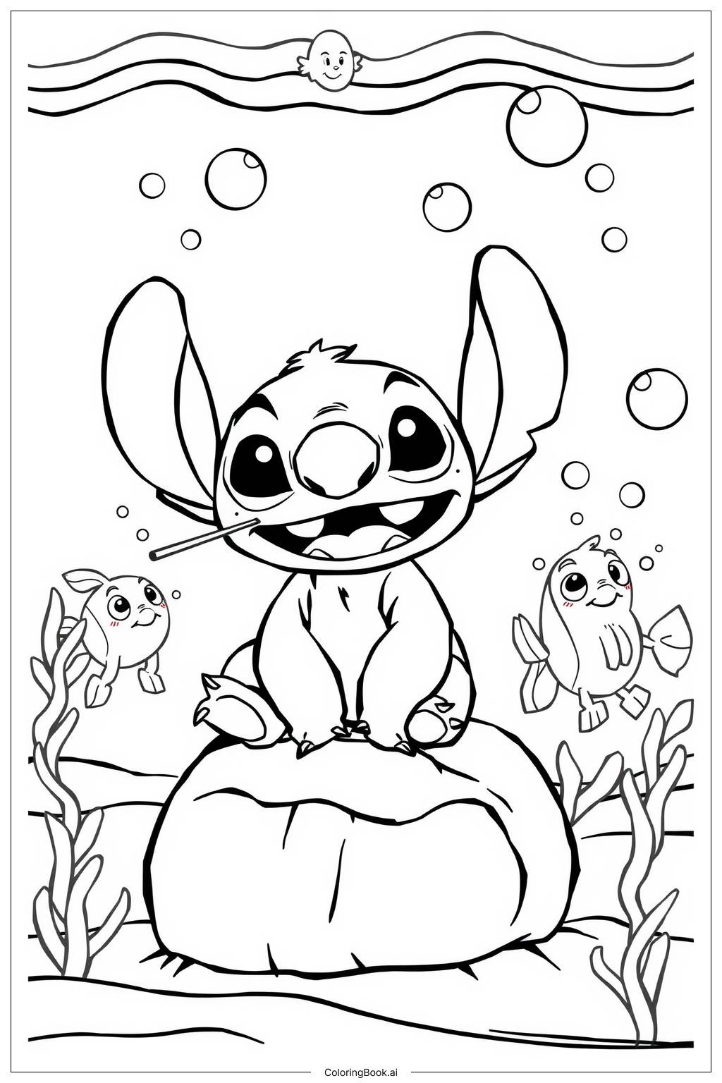  Page de coloriage Stitch qui fait des bulles sous l'eau 