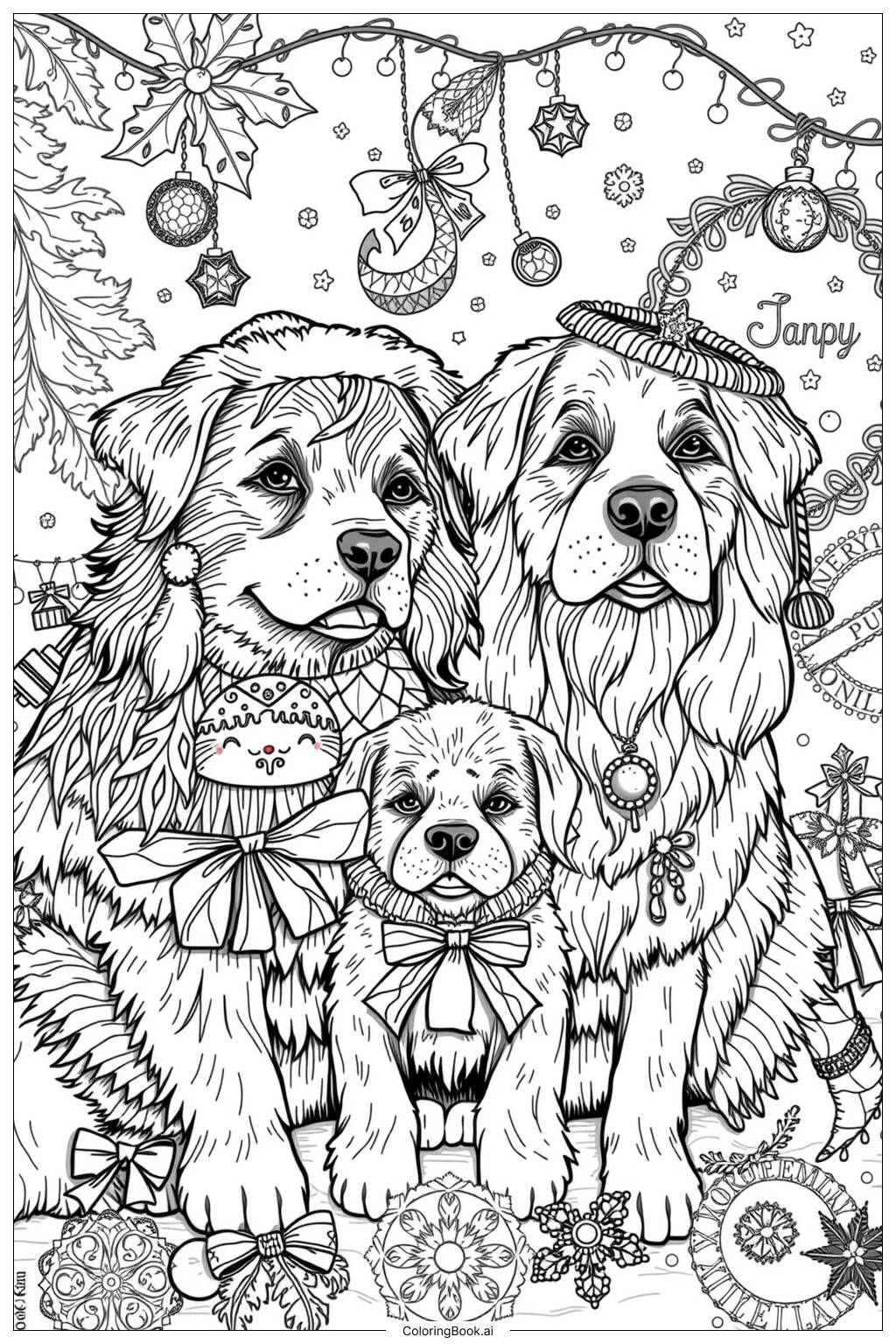  クリスマス犬の家族の塗り絵ページ 