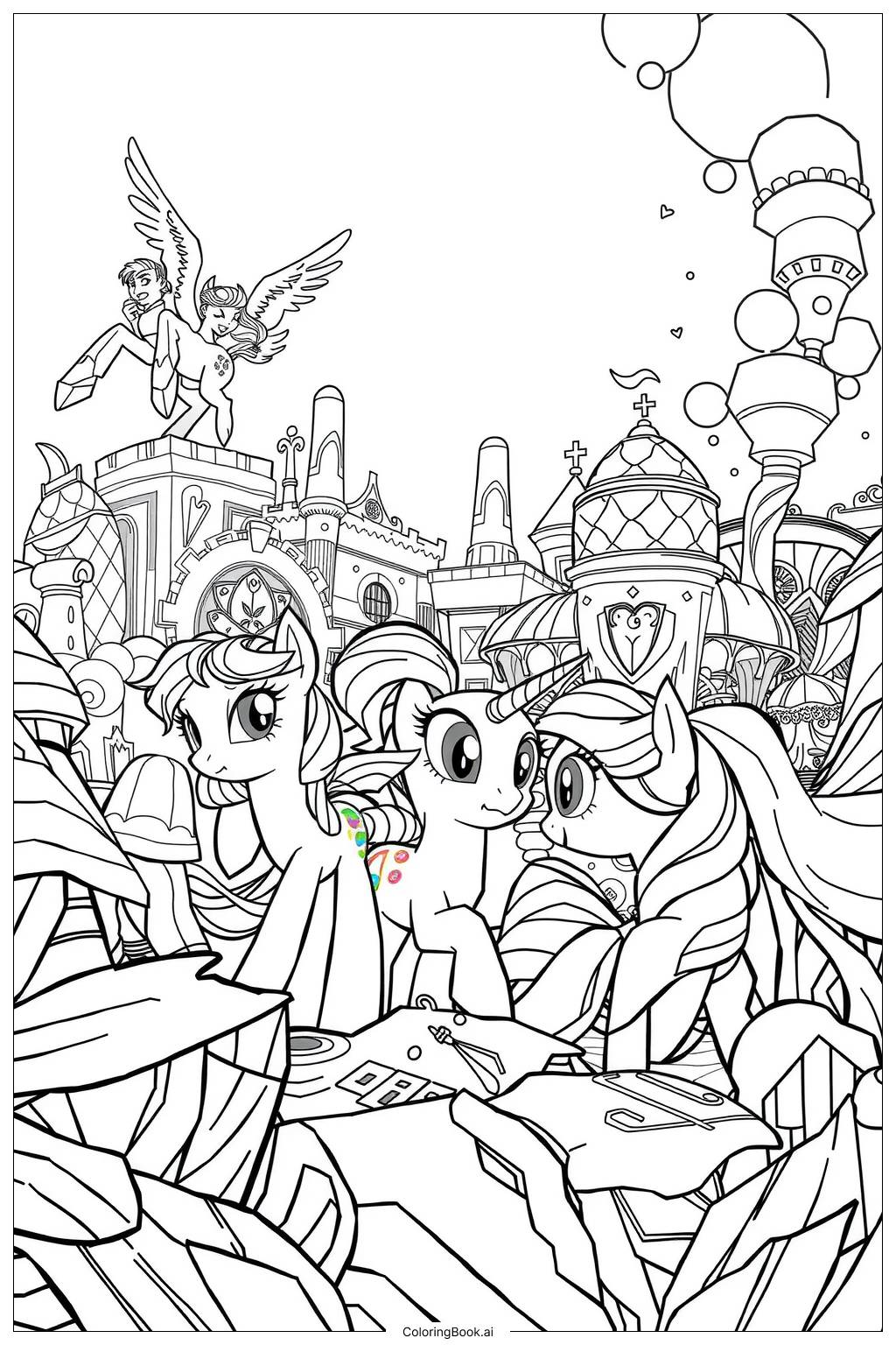  Page de coloriage Mon Petit Poney Travail d'Équipe dans un Grand Défi 