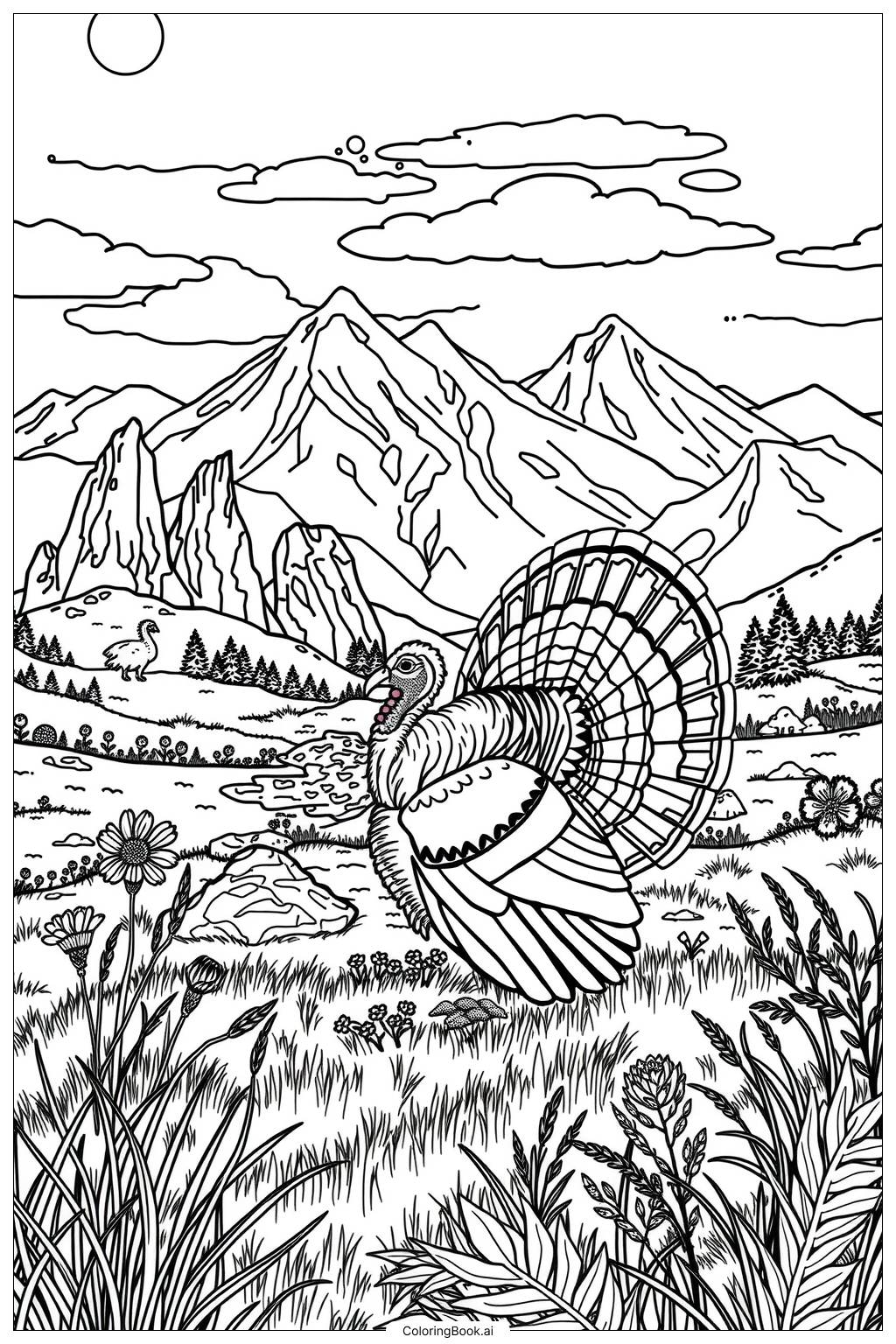  Wild Turkey Landscape-2 Coloring Page 