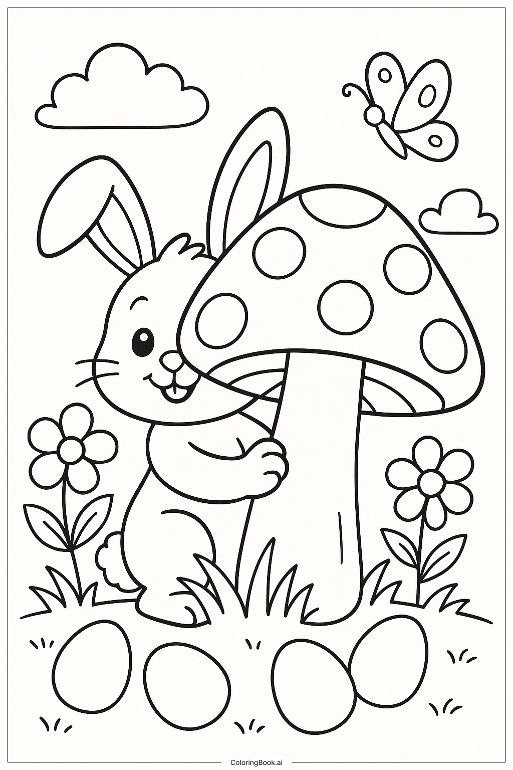 Easter Bunny Hiding Behind A Big Mushroom Coloring Page