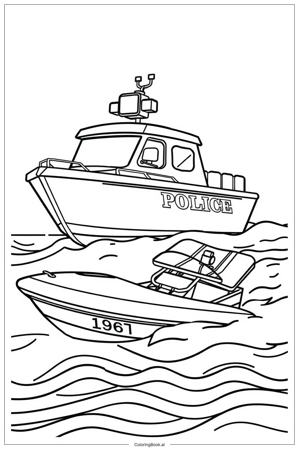  Page de coloriage Bateau de Police Poursuivant un Bateau Rapide 