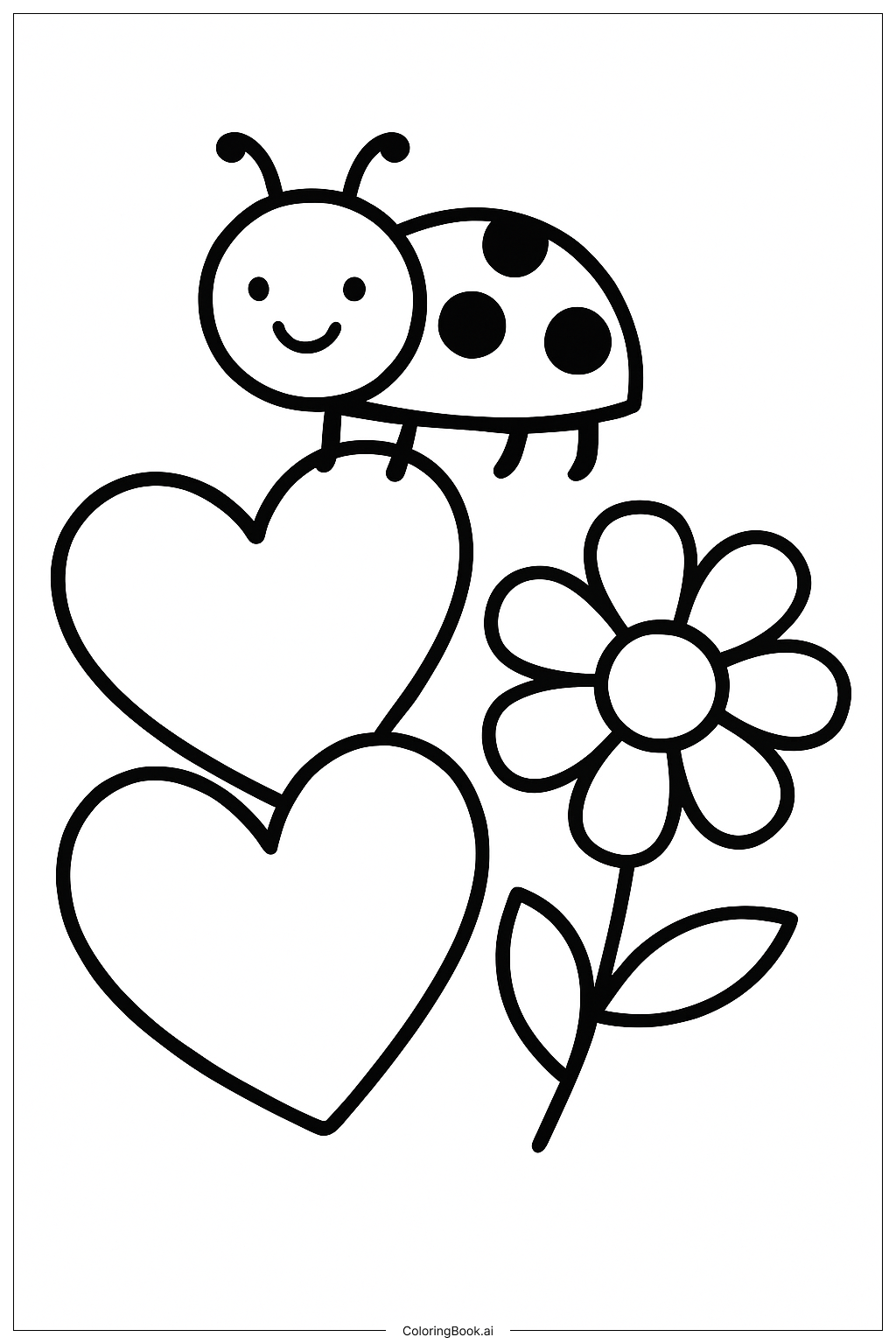  A Ladybug On Hearts and Flowers Coloring Page 