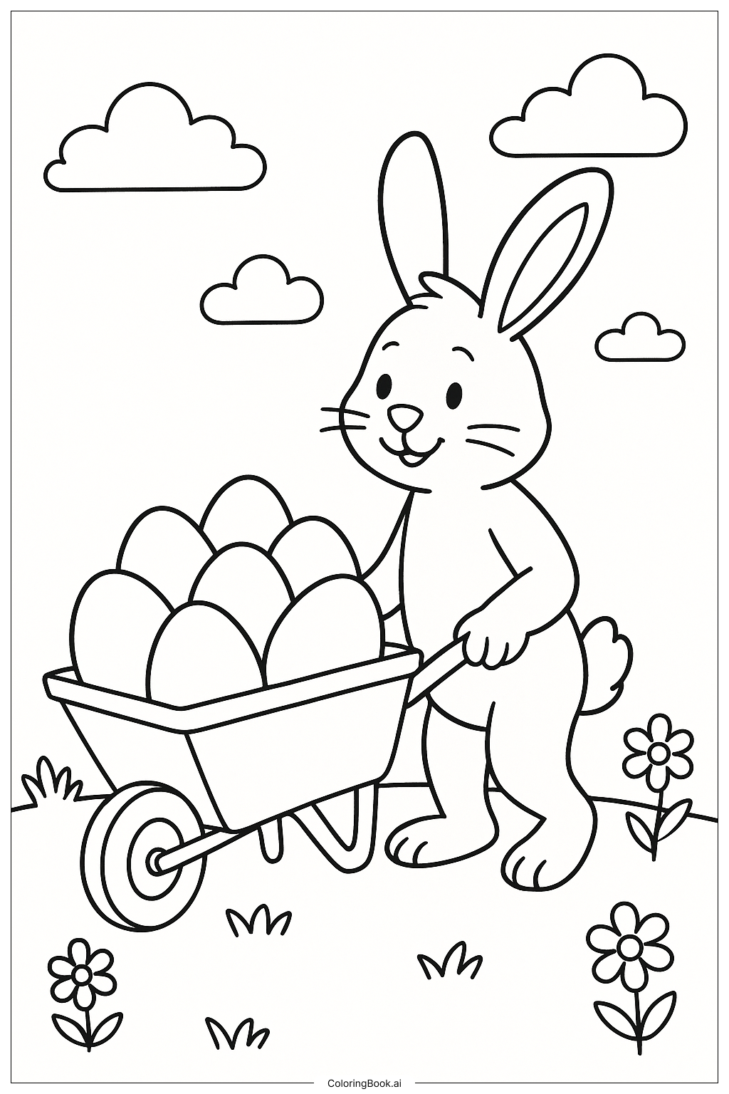 Easter Bunny With A Wheelbarrow Of Eggs Coloring Page