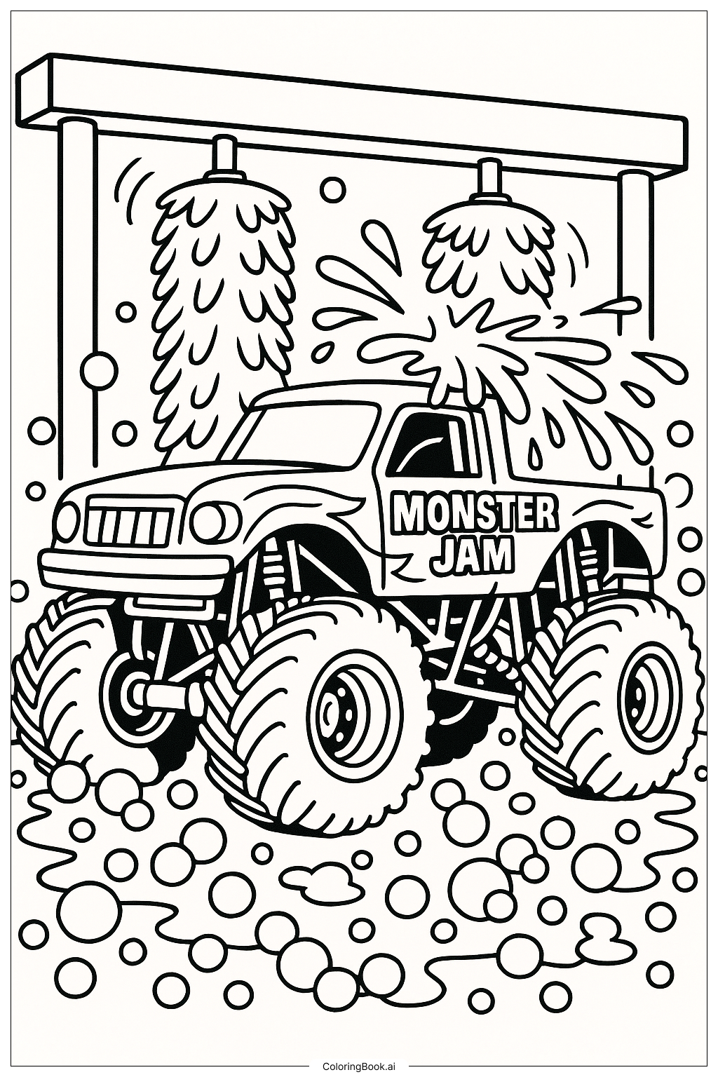 モンスタージャム トラックの洗車の塗り絵ページ 