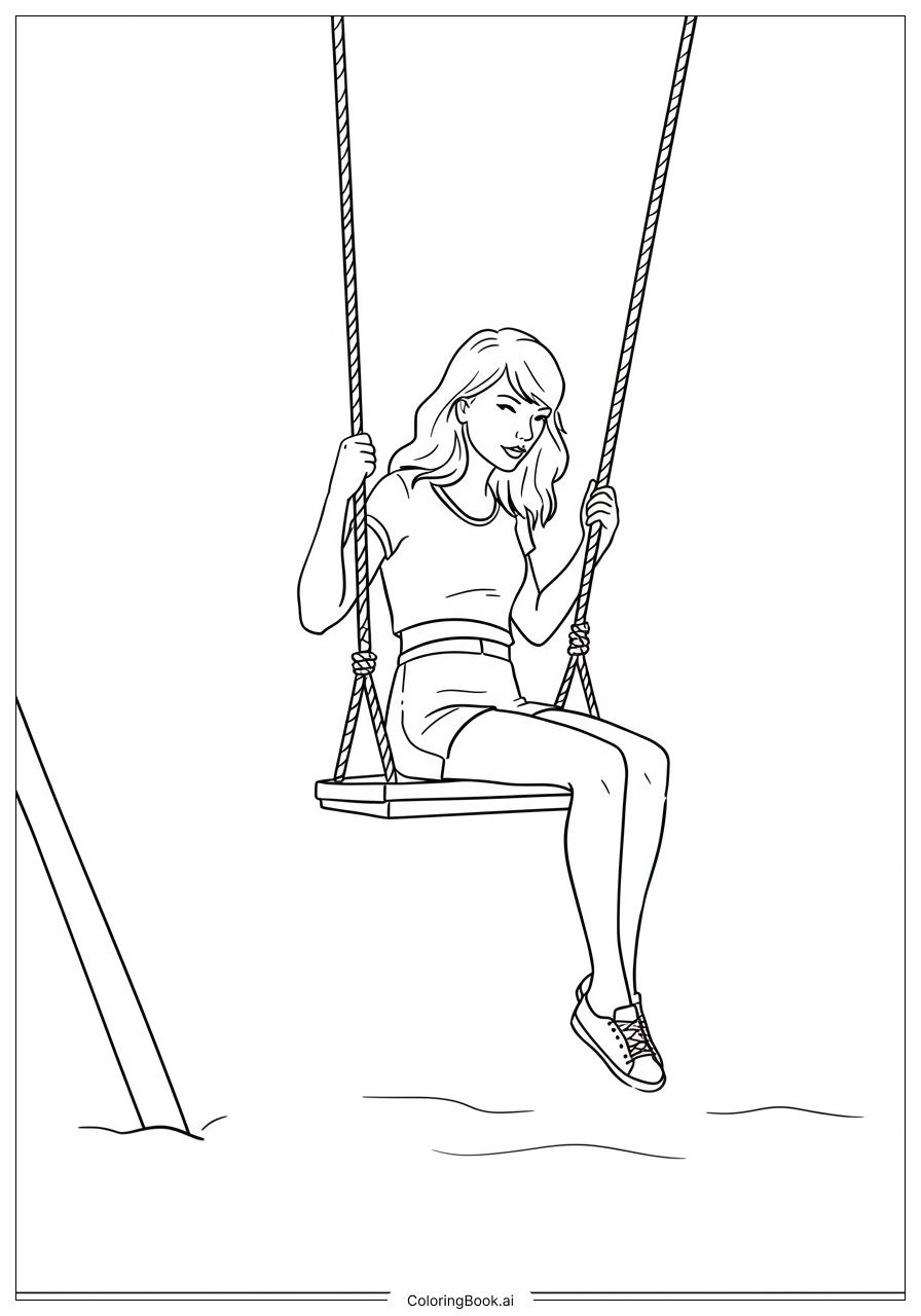  Página para colorear de Taylor Swift sentada en un columpio en el jardín 