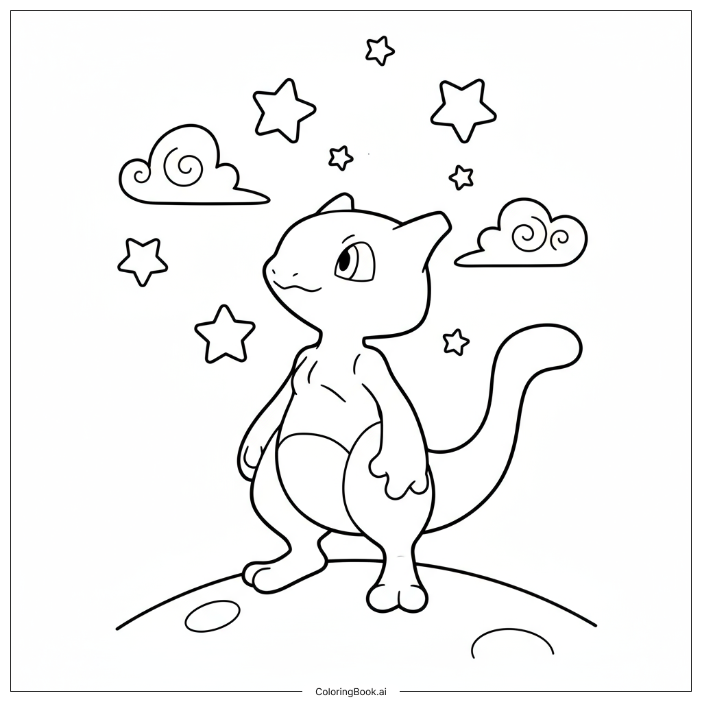  Page de coloriage Mewtwo mignon debout sur une lune parmi les étoiles 