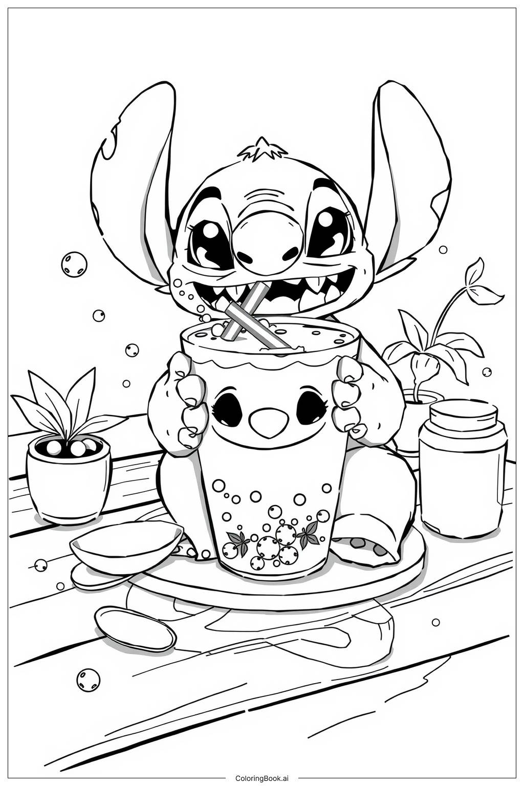  Stitch Drinking Boba Coloring Page 