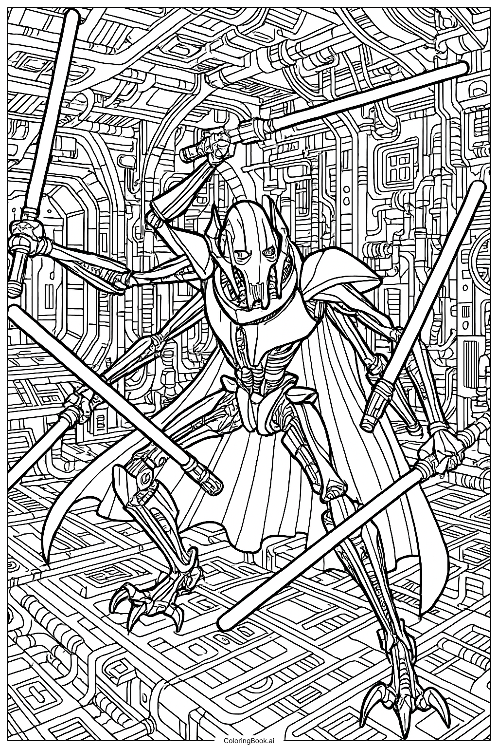  Page de coloriage Star Wars Général Grievous avec Quatre Sabres Laser 