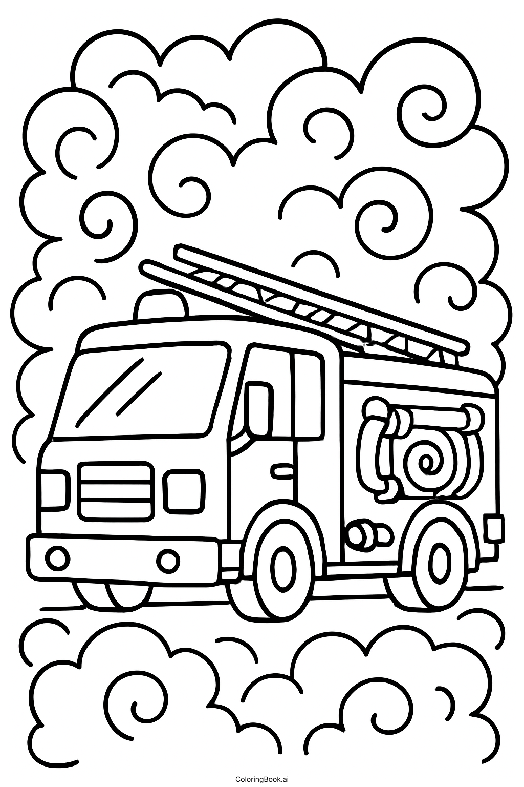  Page de coloriage Camion de pompiers dans un environnement de fumée dense 