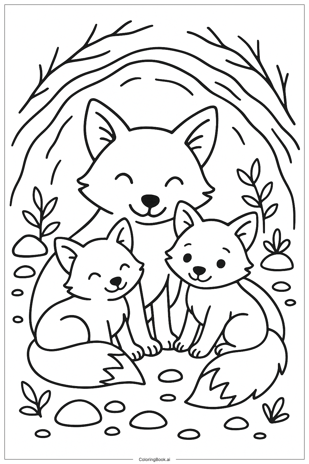  A Cozy Fox Family In Their Den Coloring Page 