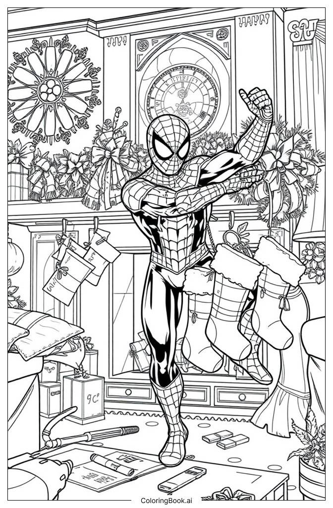  Página para colorear de spiderman con calcetín navideño 