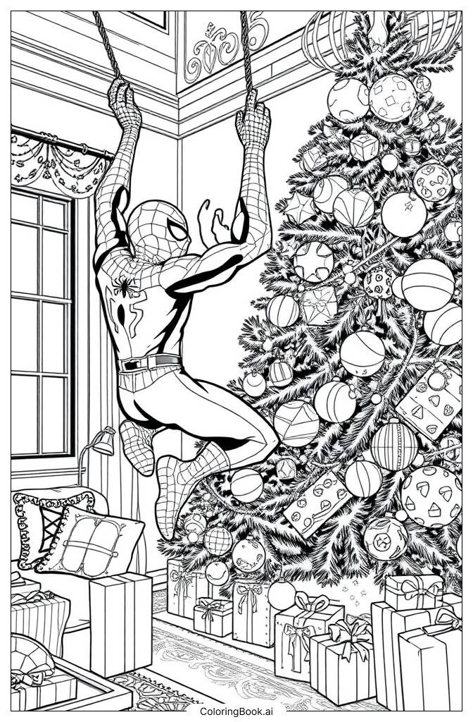  Página para colorear de spiderman decorando el árbol de Navidad 