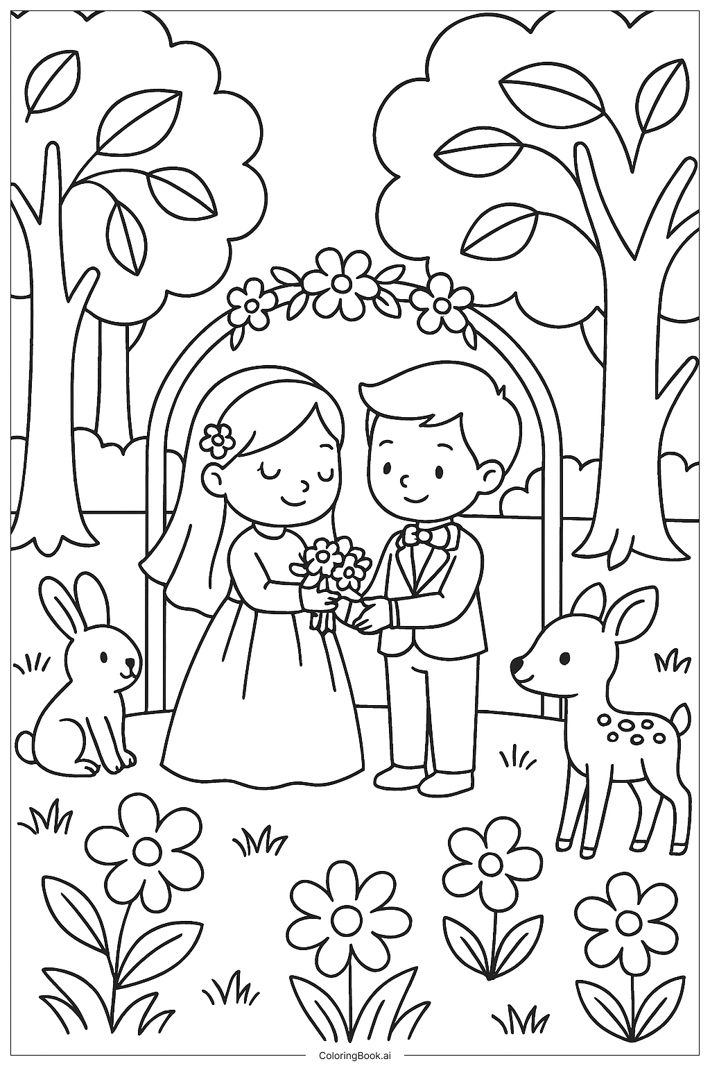  魔法の森の結婚式の塗り絵ページ 