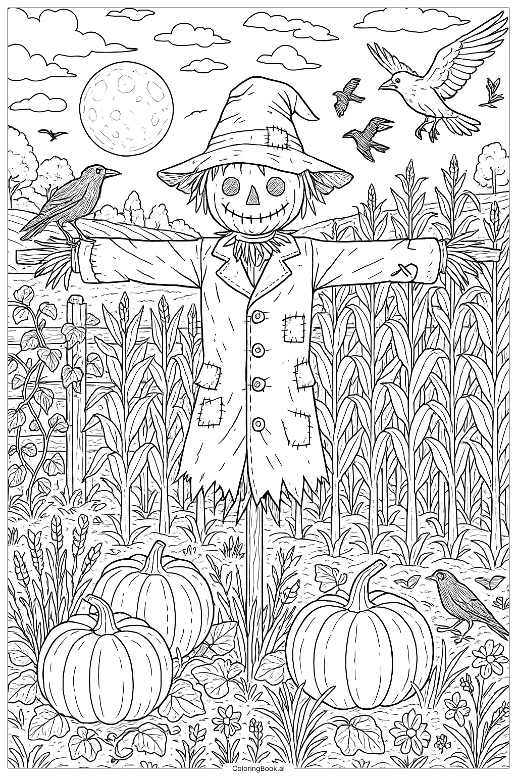 Scarecrow Guarding A Field Under A Full Moon Coloring Page
