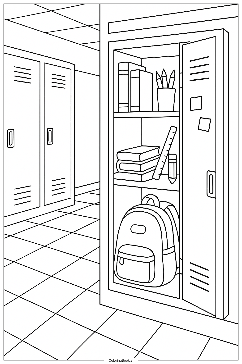  Page de coloriage Casier de rentrée scolaire avec fournitures à l’intérieur 