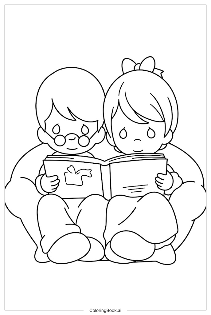  Página para colorear de Amigos de Precious Moments leen juntos un libro de cuentos 