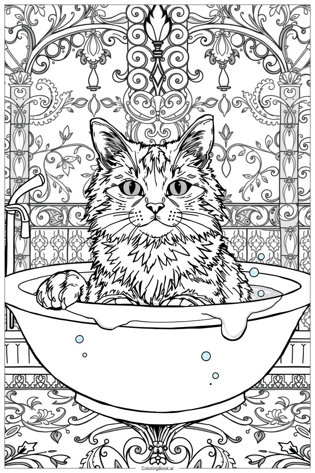  Page de coloriage Chat prenant un bain 