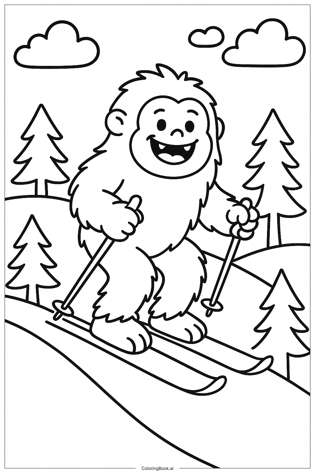  Page de coloriage Yéti descendant une colline à ski 