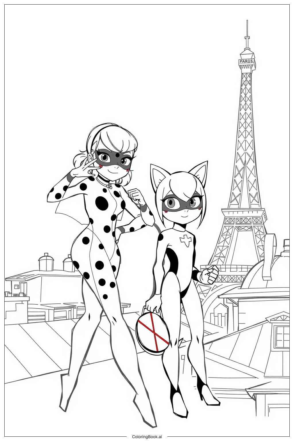  Página para colorir de Miraculous Ladybug com Cat Noir 