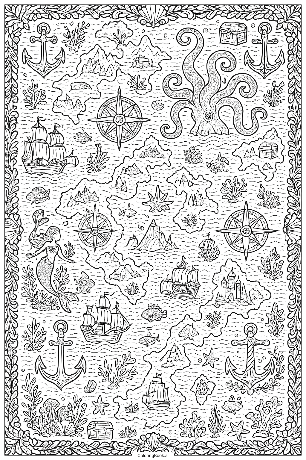  一张详细的奇幻海洋地图填色页 