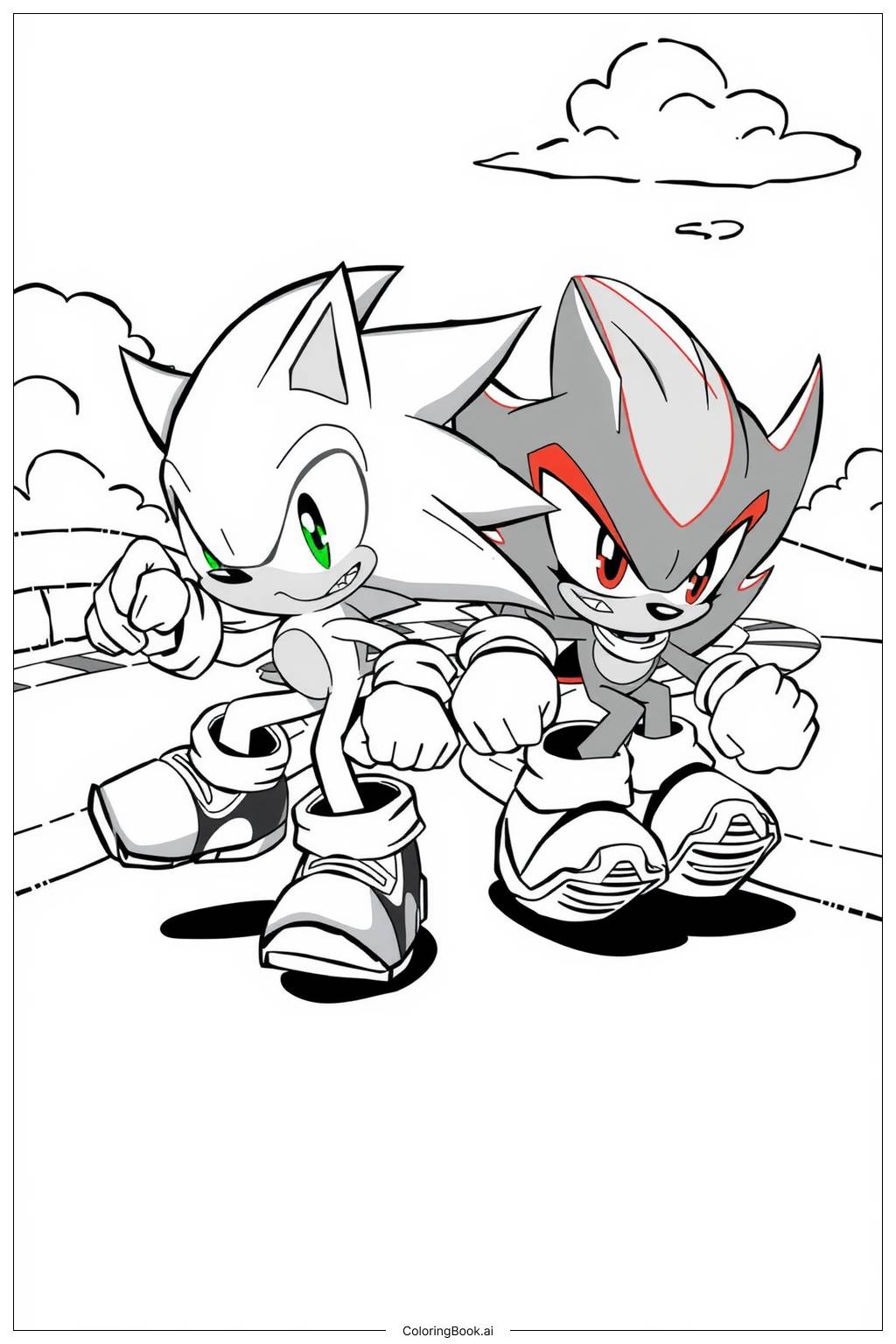  Página para colorir de corrida do sonic e do shadow na pista 