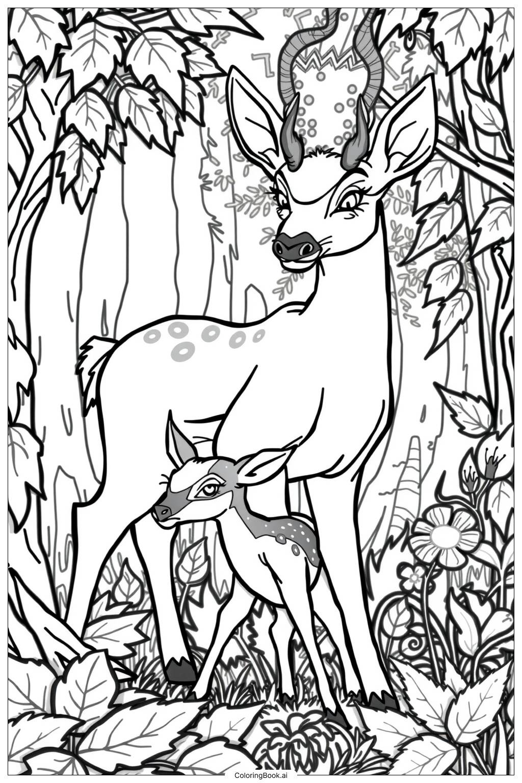  Deer Mother Protecting Fawn-2 Coloring Page 