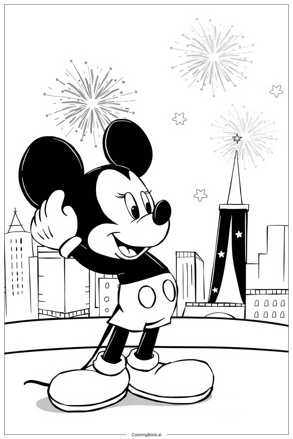  Fireworks Over a City with Mickey Mouse Coloring Page 