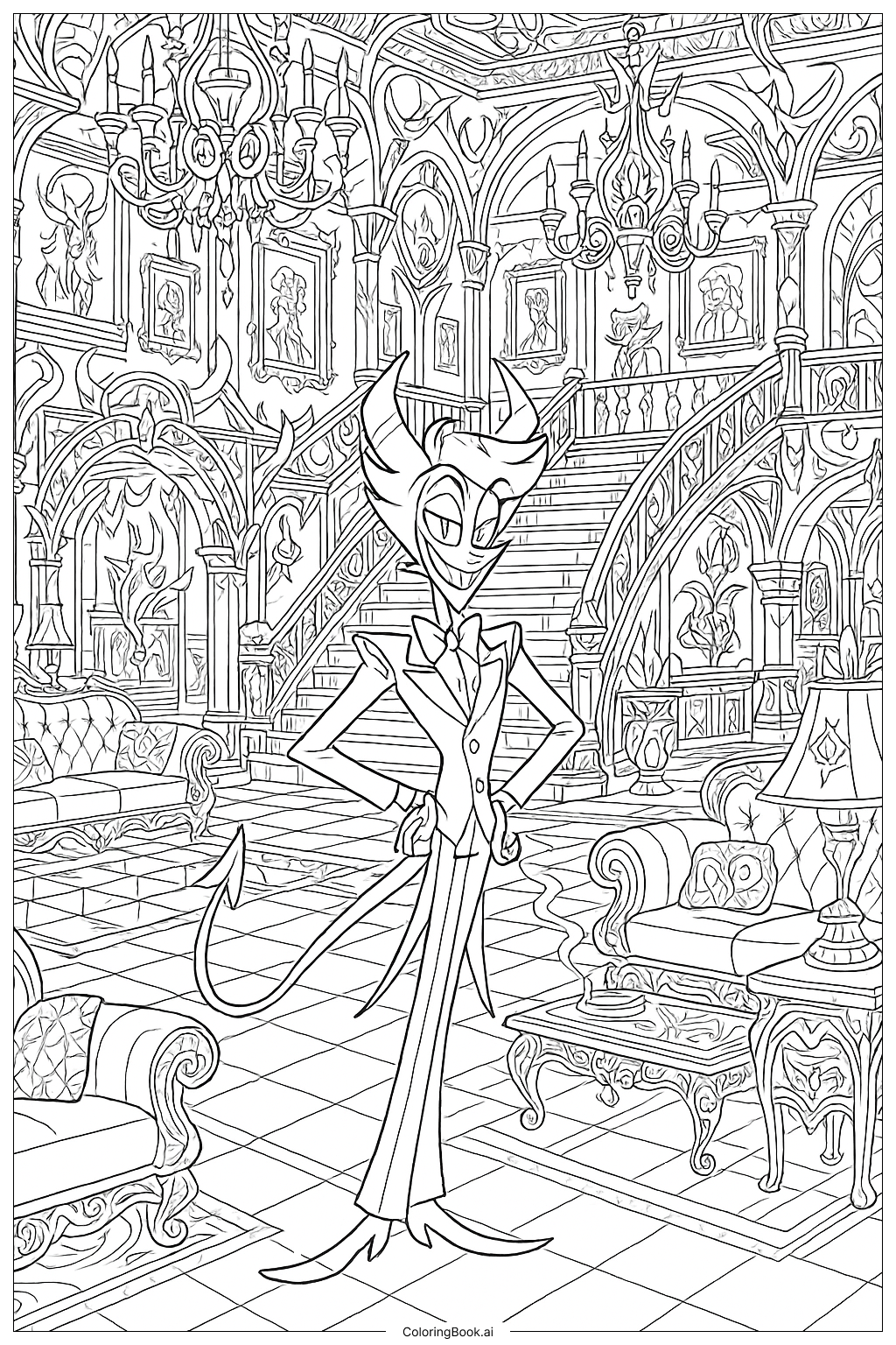 루시퍼의 해즈빈 호텔 로비 방문 색칠공부 페이지