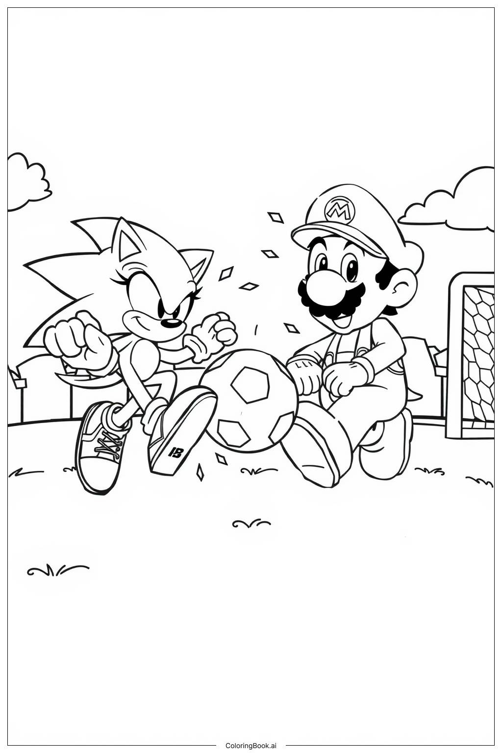  Página para colorir de Sonic e Mario jogando futebol 