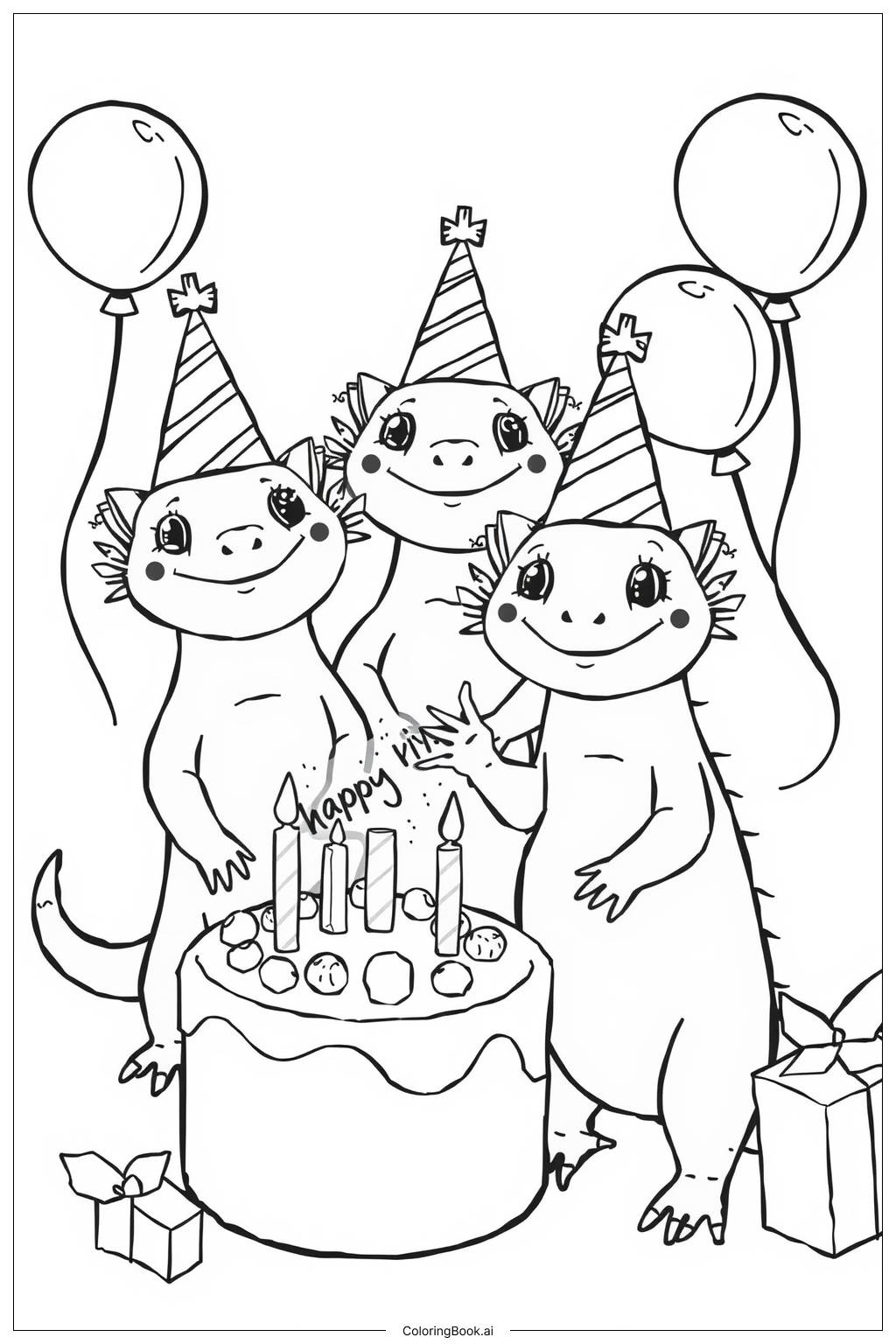  Page de coloriage Célébration d'anniversaire joyeuse d'Axolotl 