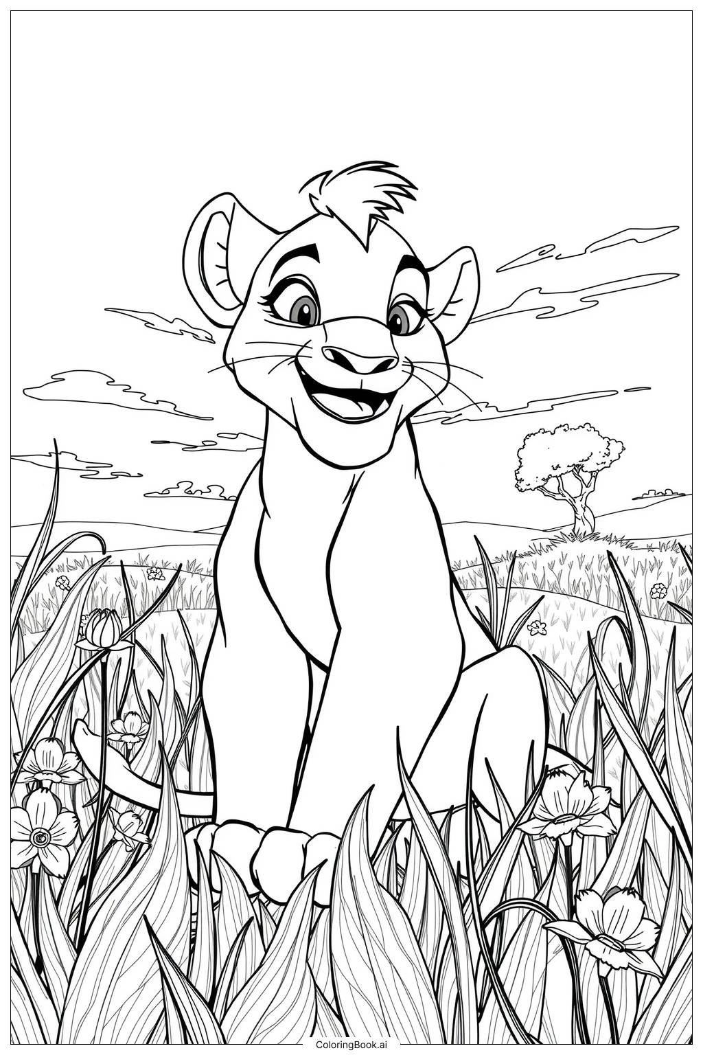  Page de coloriage roi lion simba avec un grand sourire 