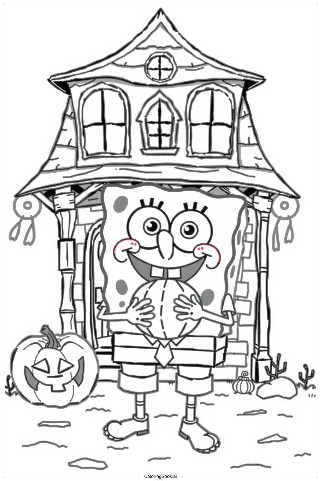  Página para colorir de SpongeBob Halloween Casa Assombrada 