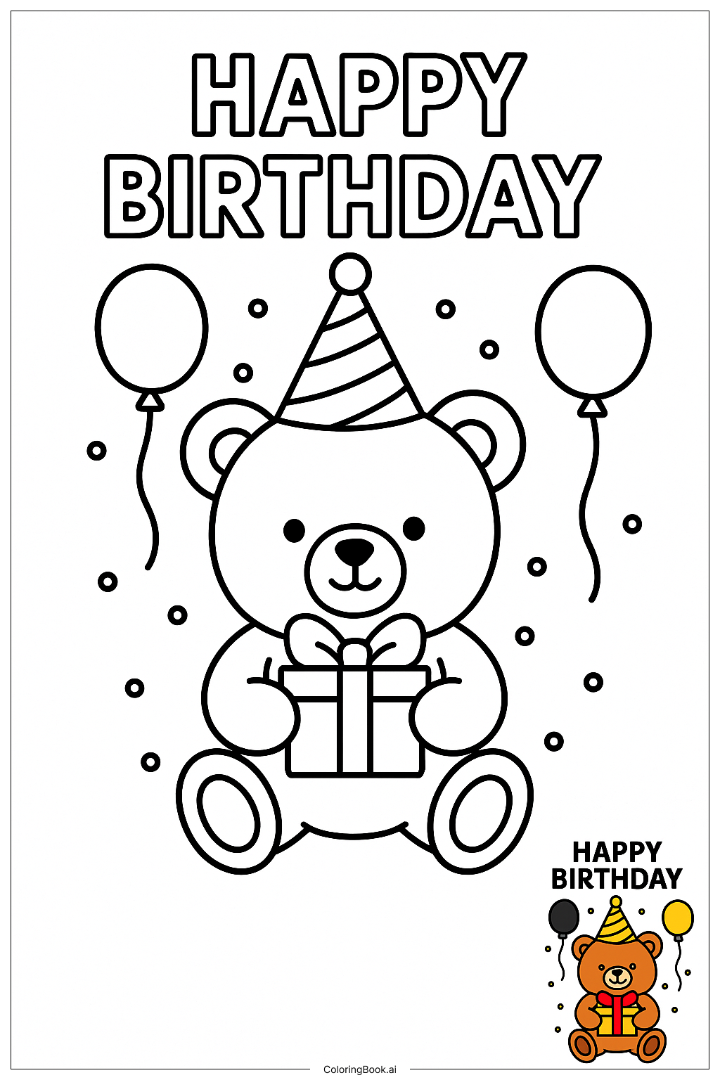  Happy Birthday Teddy Bear Gift Coloring Page 