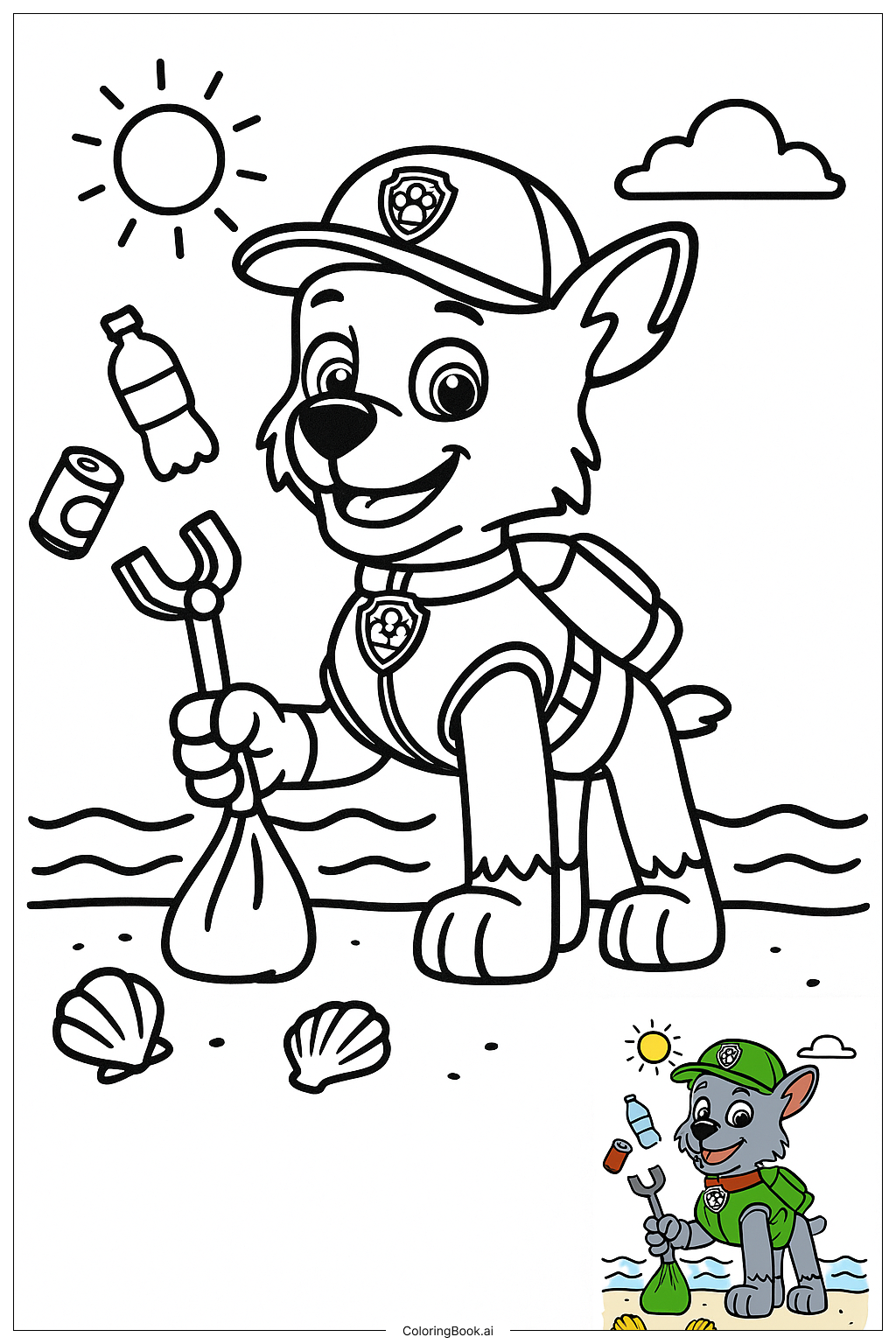 Página para colorir de Paw Patrol Rocky Limpando a Praia 