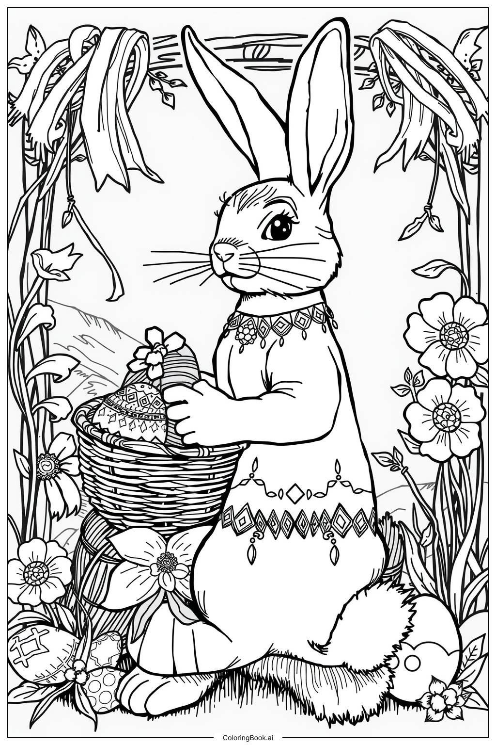  Easter Bunny with Basket Coloring Page 