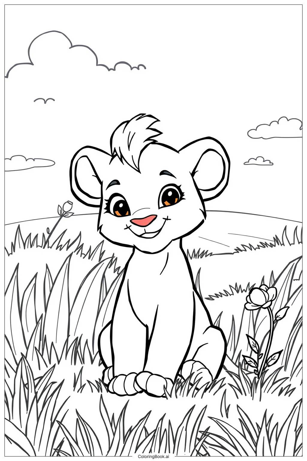  Page de coloriage le roi lion nala souriante dans l'herbe 