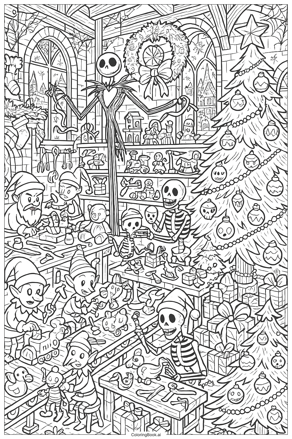  ナイトメアー・ビフォア・クリスマスの賑やかなクリスマスタウン工房の塗り絵ページ 