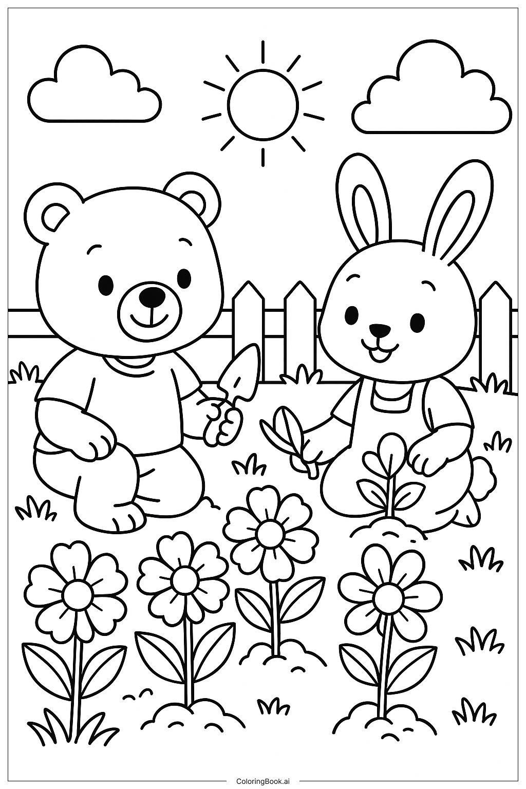 Cozy Friends Planting Flowers Coloring Page