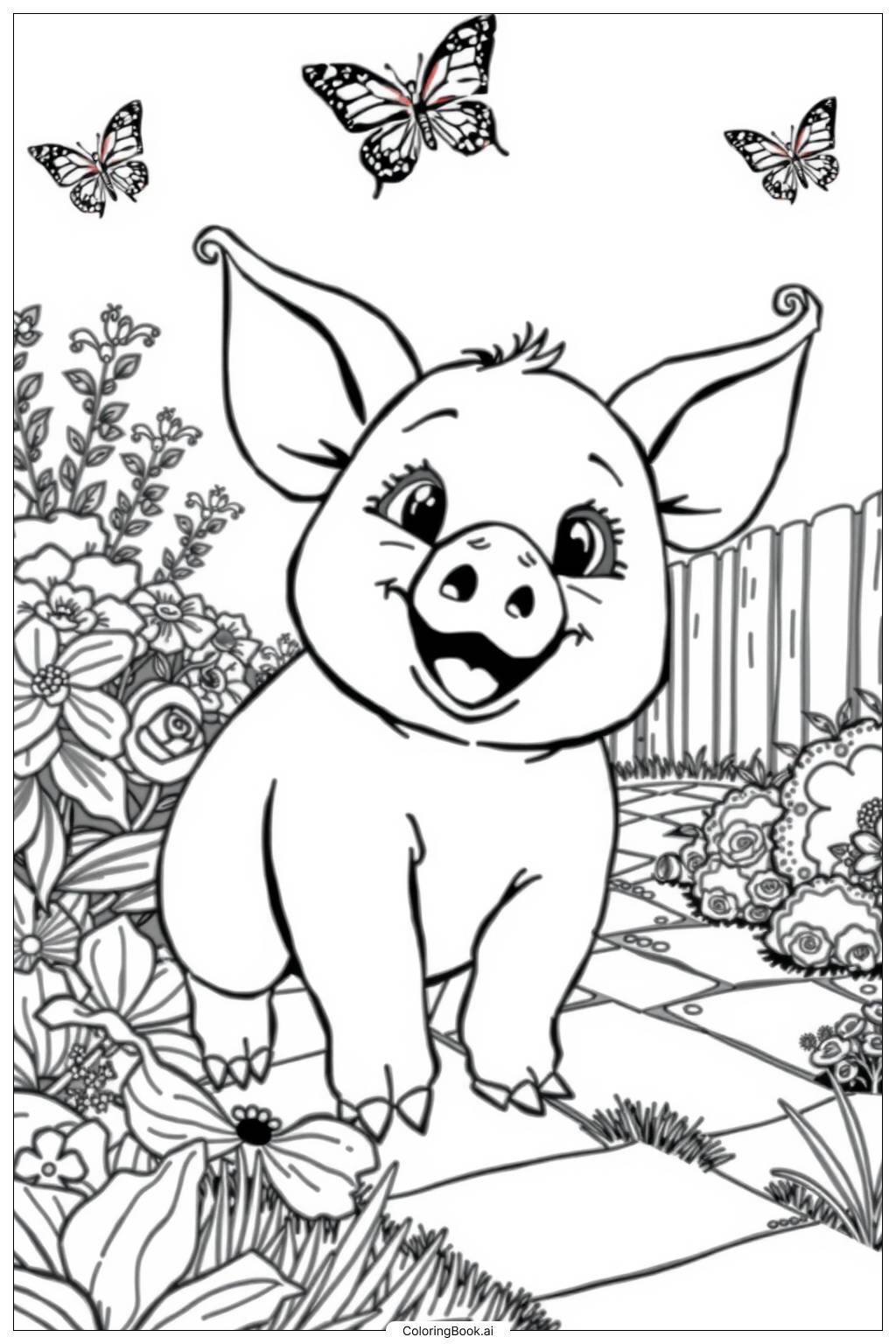  Page de coloriage Joli Bébé Cochon dans un Jardin de Fleurs -2 