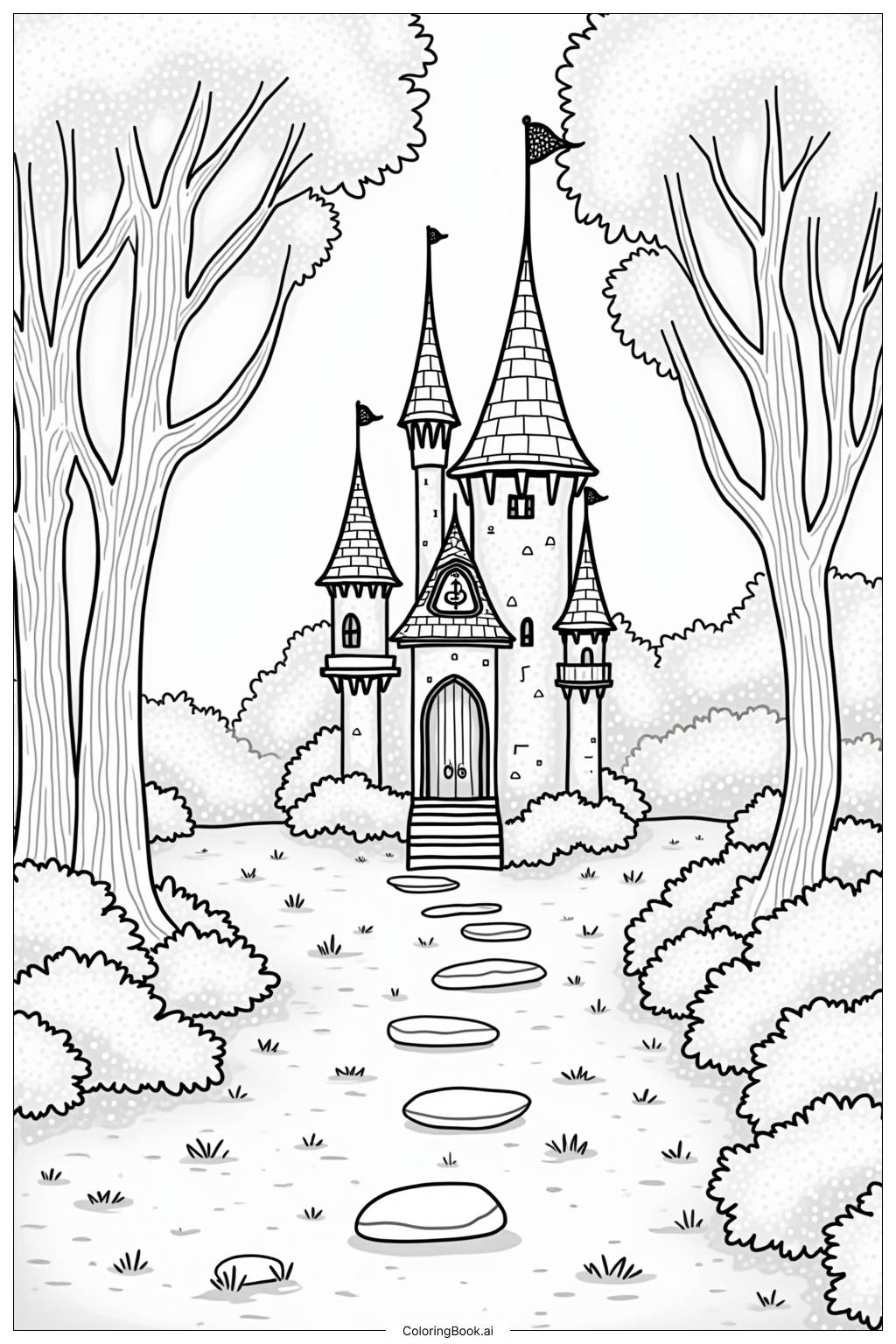  Page de coloriage Château de conte de fées forêt enchantée 