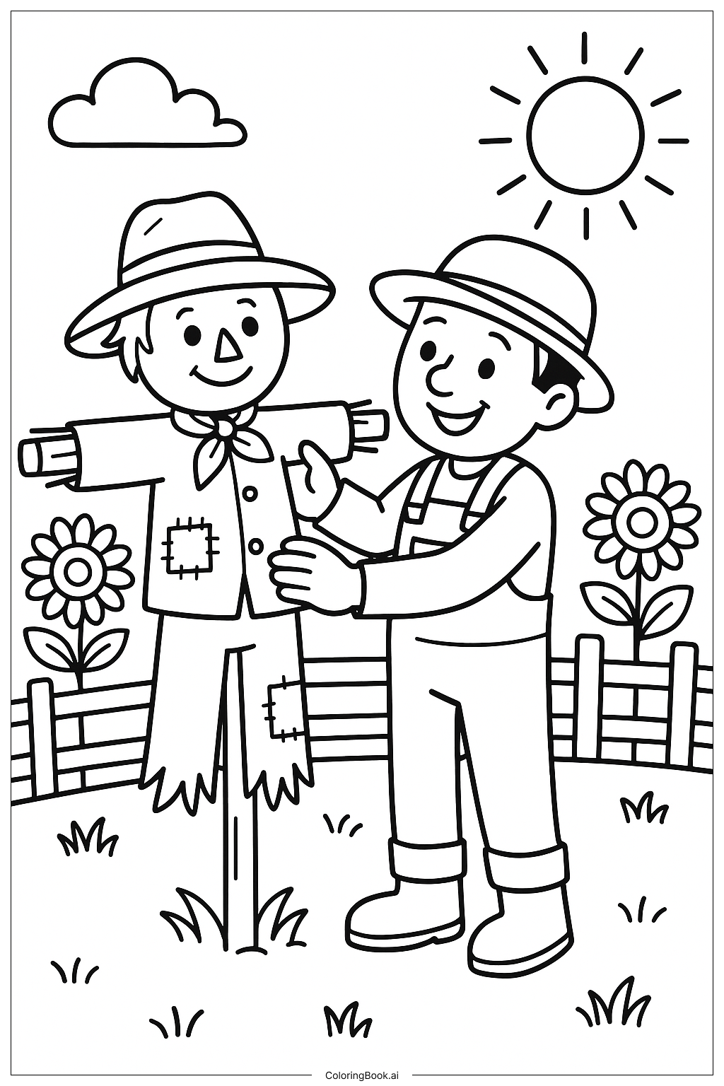 A Farmer Adjusting His Scarecrow Coloring Page