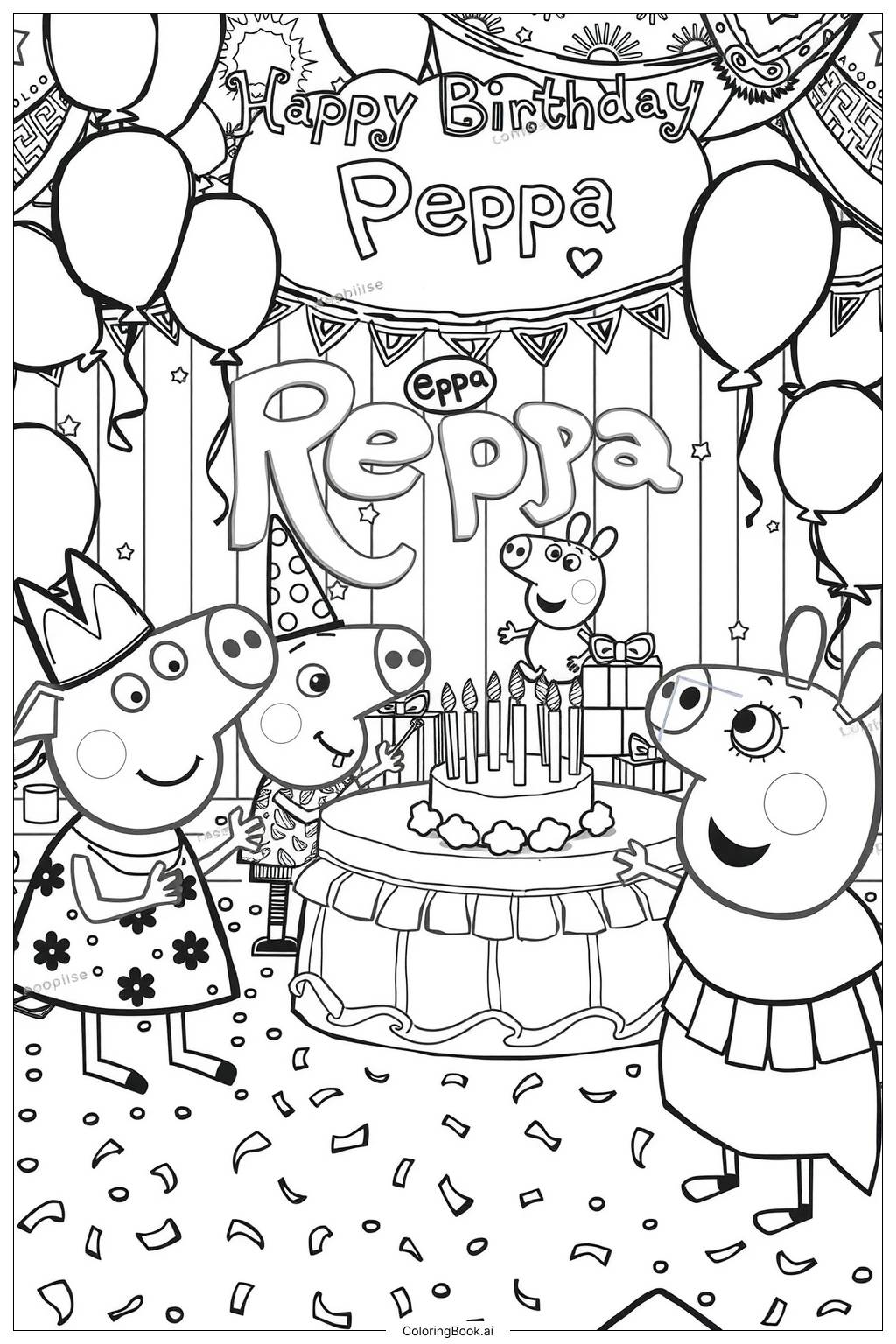  Página para colorear de Peppa Pig celebrando su cumpleaños con amigos 