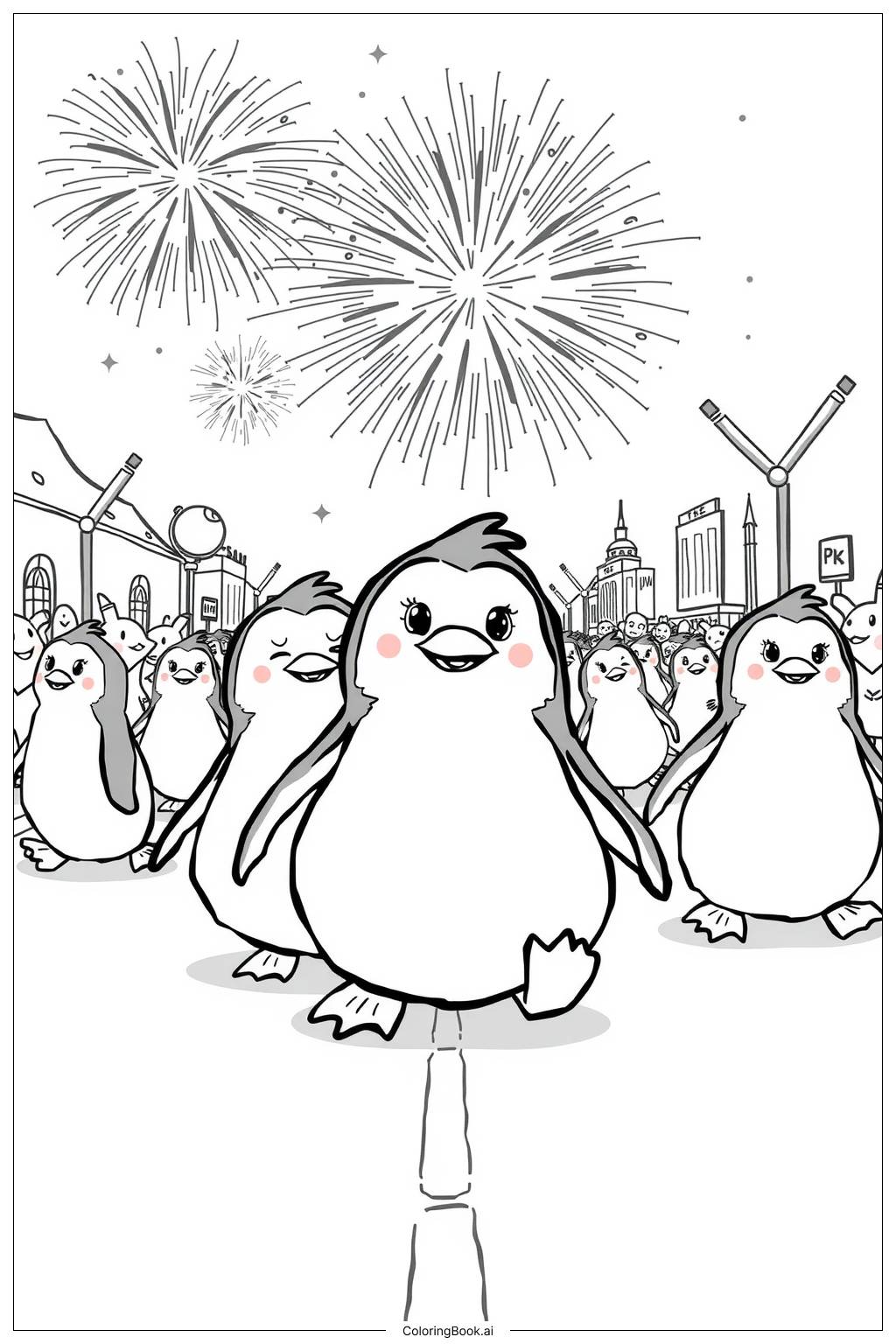  Fireworks Over a Penguin Parade Coloring Page 