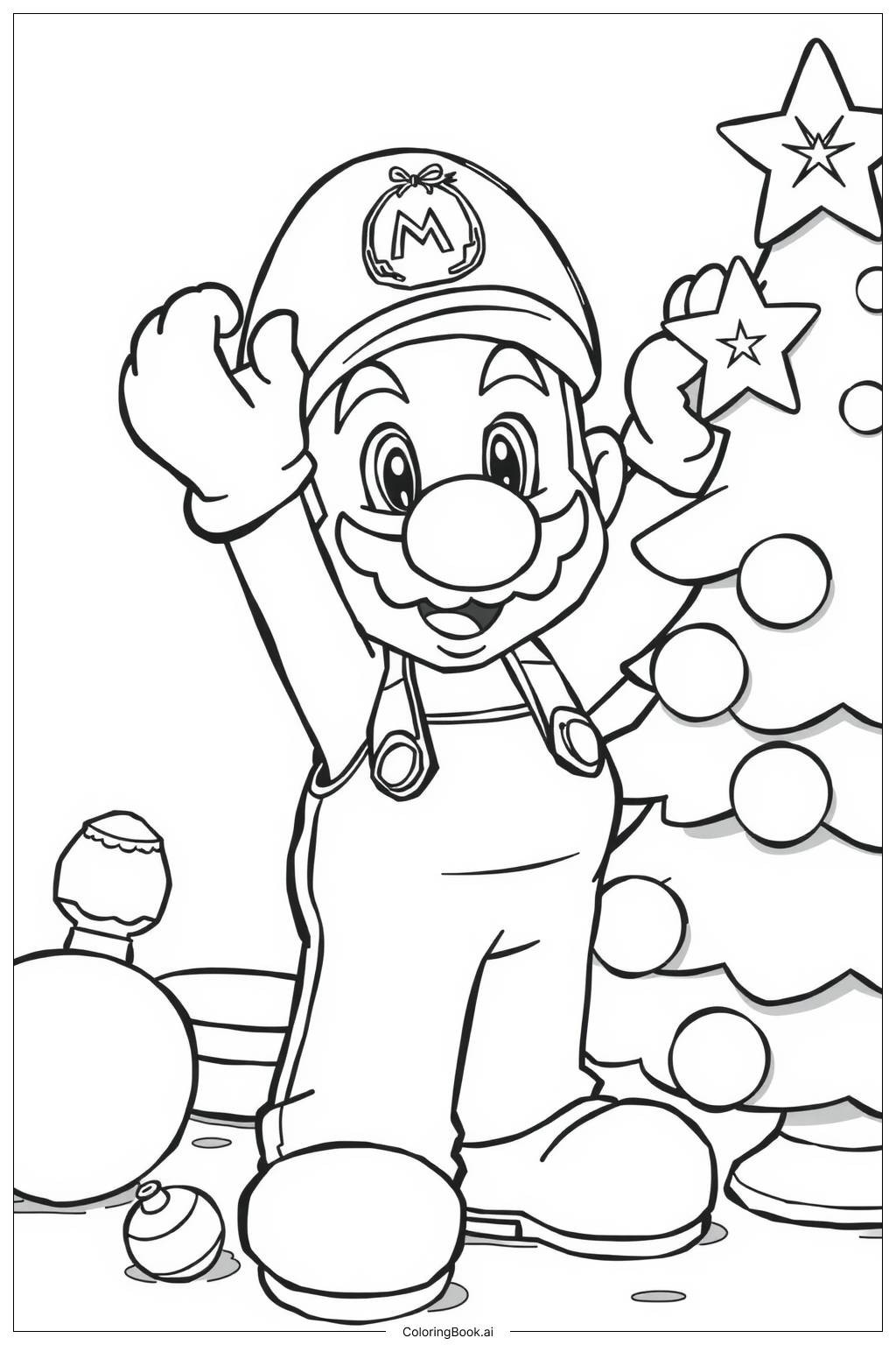  Page de coloriage Mario décorant un arbre de Noël 